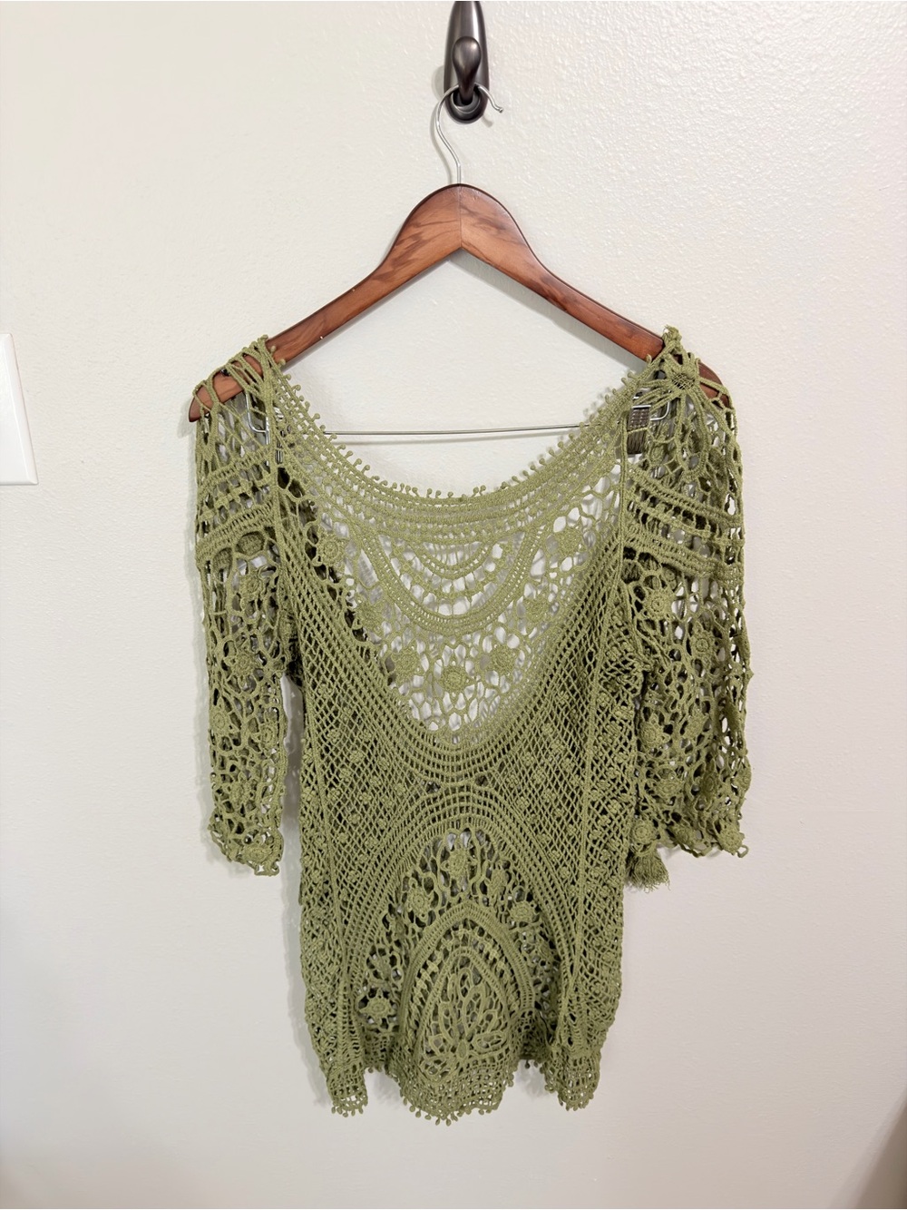 Boho Green Crochet Lace Open Knit Tunic Top Coverup